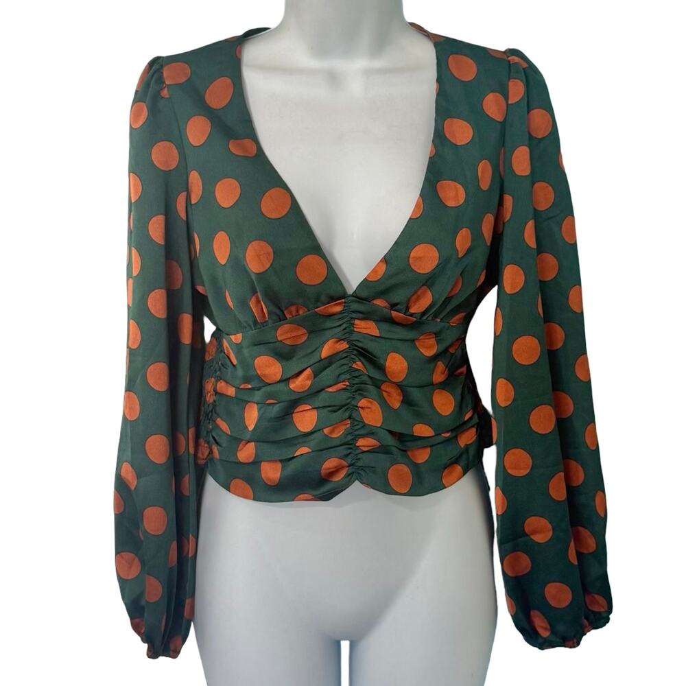 Feel In Hunter Green Orange Polka Dot V Neck Long Bishop Sleeve Crop Top size S
